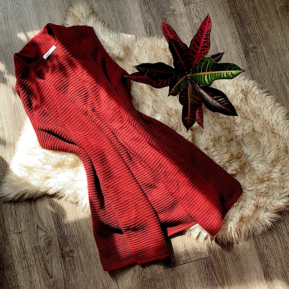 Long Burgundy Sleeveless Ribbed Cardigan/ Blazer